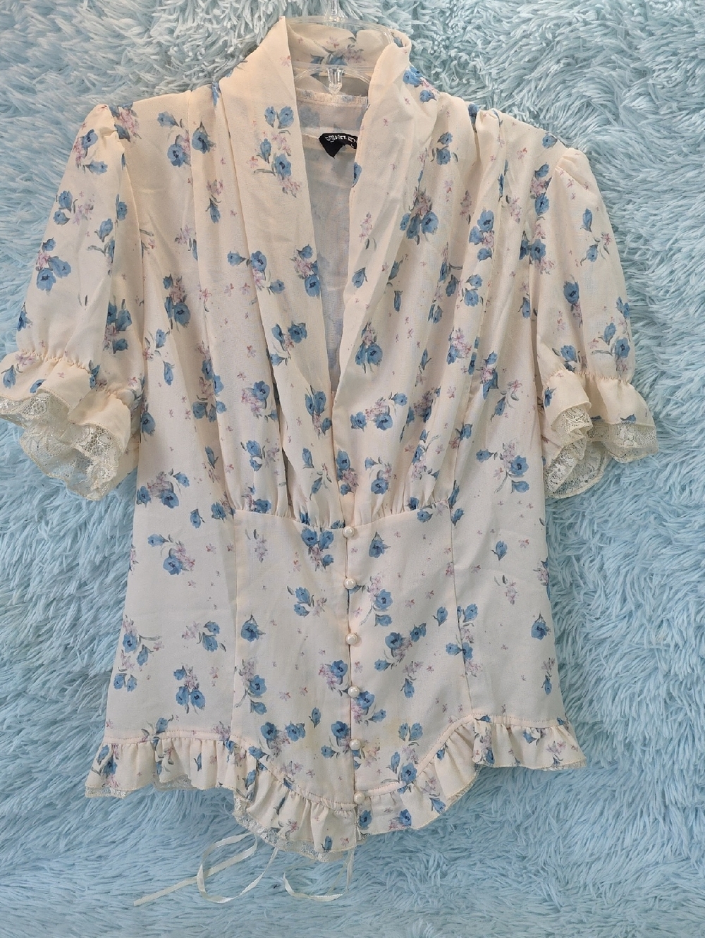 Scarlet Darkness Cream Blue Floral Ruffle Victorian Cottagecore Blouse Top M